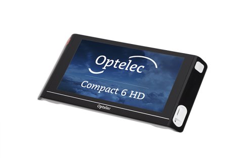 Thin, rectangular device resembling a tablet, with two menu buttons on the right-hand side of the screen. The screen is displaying the Optelec logo.