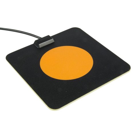 Large, black, rectangular plate with bright orange circle in the center. The circle switch is flat and completely "flush" with the plate.