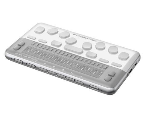 A white, rectangular device with light grey keys and light grey Braille cells.