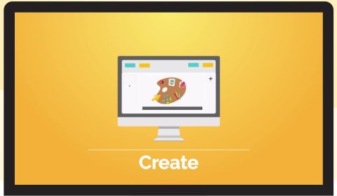 Buncee "Create" Screen with a computer monitor on a yellow background. On the monitor's screen is an artist's palette.