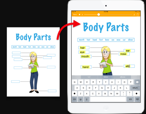 A paper labeled Body Parts with a woman drawn on it and lines with empty boxes pointing to various body parts. A red arrow directs the user from that image to the same one that is now on an iPhone. A keyboard is at the bottom of the image and some of the boxes are filled in and have yellow highlights.
