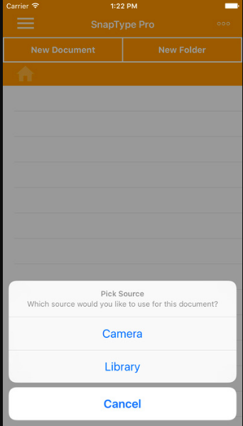 A blank page with a text box at the bottom with the words: Pick a Source. This is followed by two choices on separate lines, Camera and  Library. Below this is another button labeled Cancel.