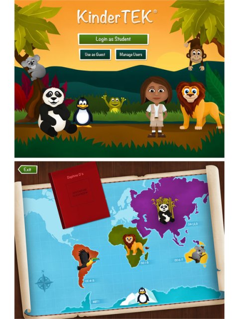 KinderTEK homescreen featuring a child appropriate drawing of several types of animals alongside a child with a few trees, grass, and mountains in the background.