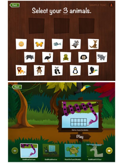 KinderTEK home screen featuring a child-appropriate drawing of several types of animals alongside a child with a few trees, grass, and mountains in the background.