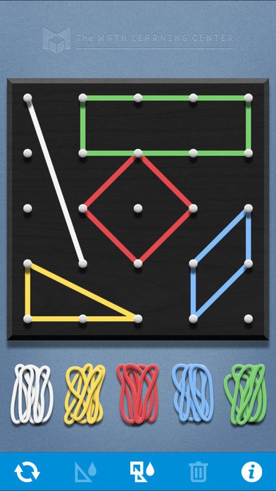 An app screen with an arial view of a pegboard and rubber bands stretched around pegs to create shapes.