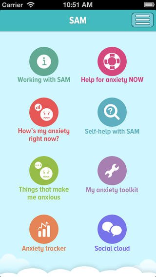 SAM mobile menu, options: "working with SAM", "Help for anxiety NOW", "How's my anxiety right now?",  "self help with SAM", "things that make me anxious", "my anxiety toolkit", "anxiety tracker", "social cloud"