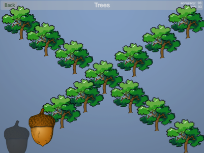 The Ready to print game that has numerous green-boughed trees arrayed in an x across the screen. At the bottom left in positions 1 and 2 of the tree pattern is a silhouette of an acorn instead of the identical tree and in the second position is an actual acorn.