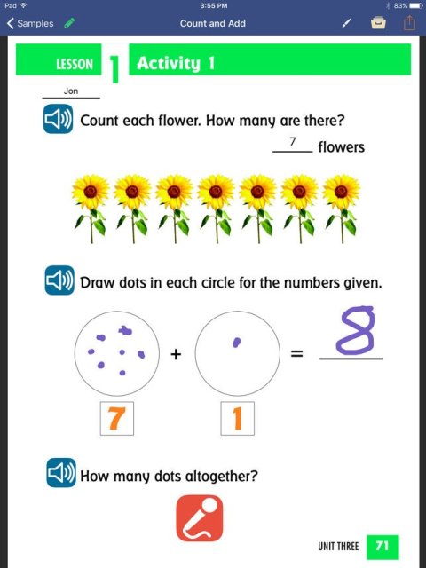 A count and add worksheet titled Lesson 1, Activity 1. Three questions follow, each including buttons to the left that will read the text aloud when selected.