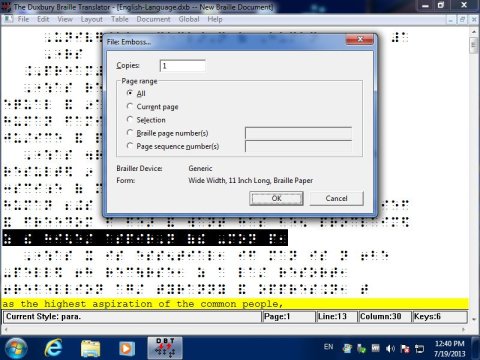Duxbury Braille Translator screenshot including a text pop up print menu and braille output in the background.