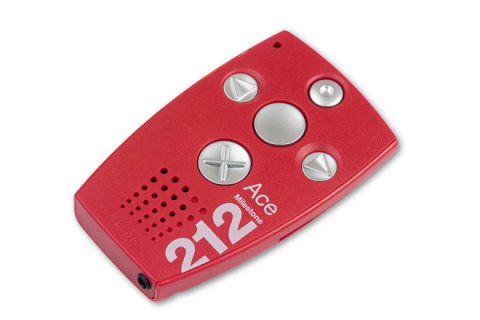 A small, handheld device with 5 control buttons and speaker on the front face and a headphone jack on the bottom right side.