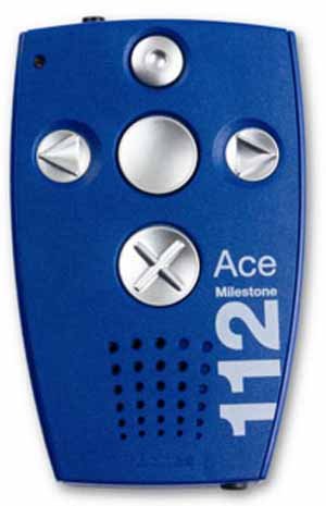 Blue transmitter device with left and right arrows controls, center button, and "X" button.