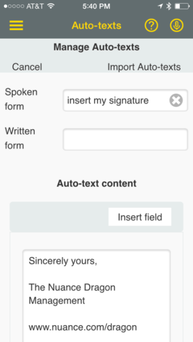 Screenshot of the Manage Auto-Texts screen for importing texts.