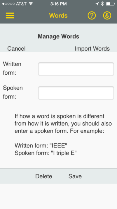 Screenshot of the Manage Words screen for importing words.