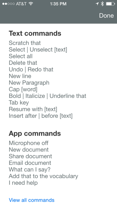 Screenshot of short-cut commands screen. 