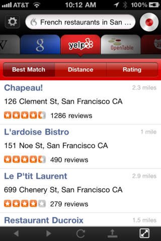 Screenshot of the Dragon Go! app demonstrating search results for "french restaurants in San Francisco" on the Yelp website.