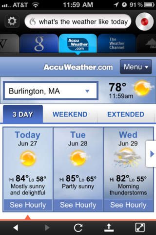 Screenshot of the Dragon Go! app open to the AccuWeather.com site in response to being asked for the weather. 