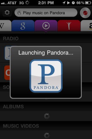 Screenshot of the Dragon Go! app demonstrating the Pandora site being launched in response to it being directed to do so.