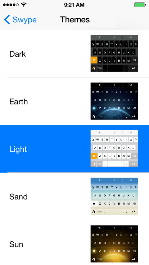 Screenshot of the Swype keyboard Themes screen for personalizing the color of the keyboard. 