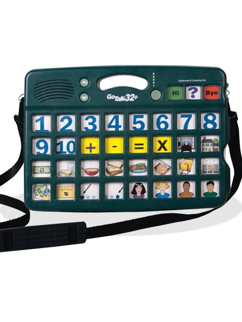 A handheld, tablet like device with a shoulder strap. The speaker, volume, and power buttons are at top with 32 image cells below.