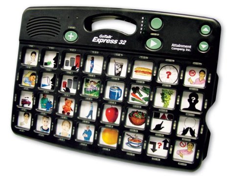 A tablet device with a handle and 32 button slots with images.