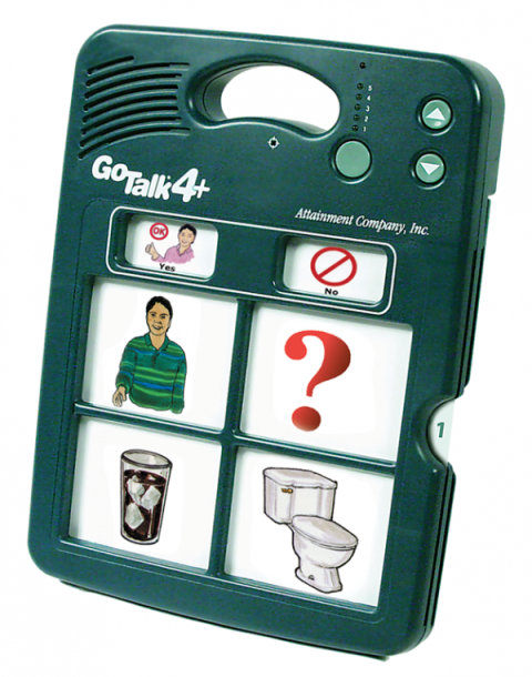 A rectangular device with two constant aac buttons and additional 2x2 message grid.