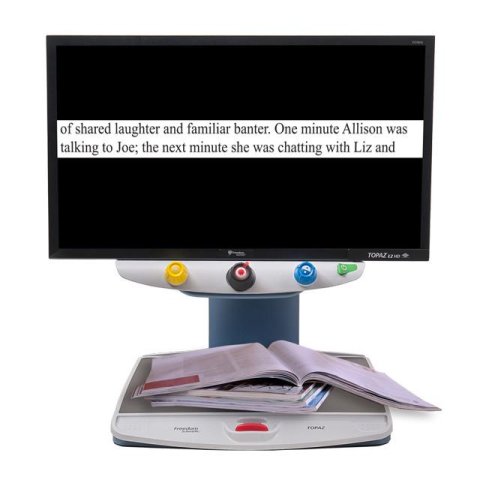 Large rectangular display with black background and a white band showing enlarged text connected to a reading table/scanner.