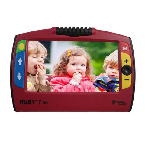 Rectangular handheld device with red frame and color buttons on either side and center display showing an image of young children.