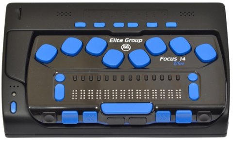 A black, rectangular handheld device with 14 braille cells and an 8-dot keyboard.