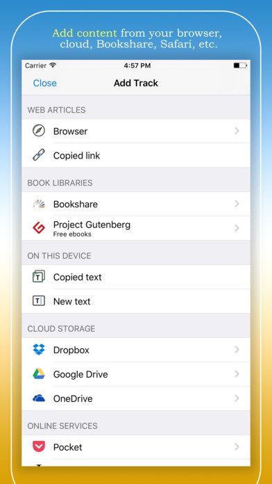 The Capti "Add Track" menu on an iPhone, divided into categories with the tag lines: Add content from your browser, cloud, Bookshare, Safari, etc.