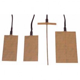 Three rectangular brown colored pads with black cords connected at one end. There is one thin stick with a thin brown strip at one end and a black cord connected to it.