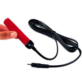Two fingers squeezing a red, pen-shaped device with a black cord.