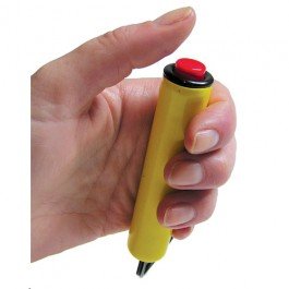 Hand holding a yellow cylindrical base with red button at the top.