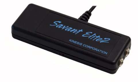Rectangular, black device with two switch inputs along the right edge and the Savant Elite2 Logo across the top in blue print.