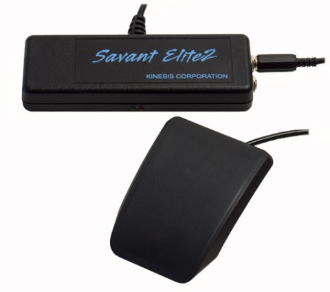 A black, retangular device reading "Savant Elite" and a single, black foot pedal. Each component has a connected black cord.