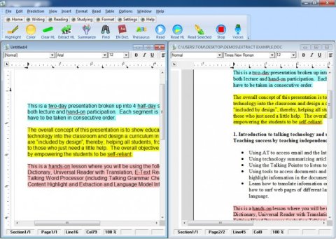 Screenshot of a word processing program with selections of text highlighted in different colors.