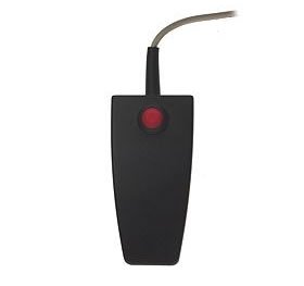 Small, corded, black device a little longer than a mouse with a red button.