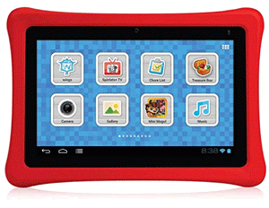 Red-and-black tablet, which is powered on and displaying a blue background with white square menu buttons. The tablet is housed in a red protective case.