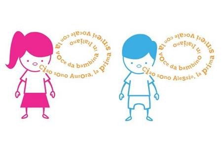 Aurora and Alessio logo showing a small girl drawn in pink with a word bubble coming from her mouth, Alongside her is a boy drawn in blue with a word bubble also.