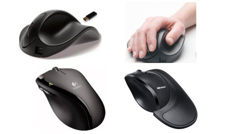 Various models of ergonomic mice. Two are "handshoe" style mice, which have deep indentations for the thumb and fingers to rest in and a ridge in the middle separating them. The other two models resemble standard mice; one has a built-in palm rest on the right-hand side and the other has a gentler arch than standard mice. Three models are black; one has black sides with a dark grey top.