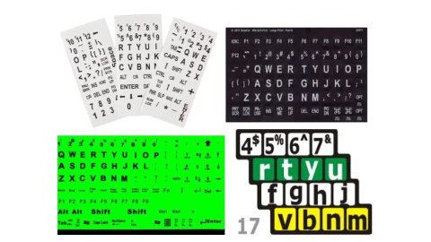 Various types of low vision keyboard stickers. They are sticker sheets with individual, removable keyboard symbols that users peel and stick to each keyboard key. The sticker lettering is bold with high-contrast colors. One sheet is white with black lettering; another is black with white lettering; a third sheet is lime green with black lettering, and the fourth features two rows of white with black lettering, one green row with white lettering, and a yellow row with black lettering.