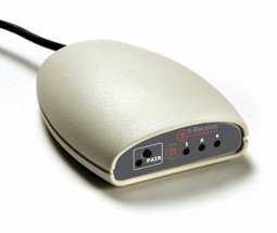 A small, flat mouse shaped device with an input port for devices on side.