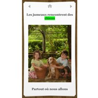 Book reading screen featuring a photo of a boy and a girl with a dog and caption above and below in French.