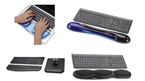 Various models of wrist rests. They resemble long oblong-shaped pads or cushions placed in front of a keyboard and/or mouse so that the user's wrists and lower palms are elevated while working. One model features two small rests on either side of a laptop trackpad. The other models are one piece and are the length of a keyboard. One model is light blue; two are black; one is purple and black.