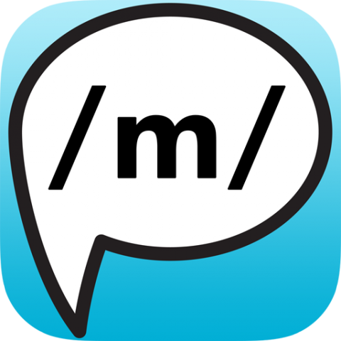 Rounded light blue square filled with a conversation bubble that contains a backslash followed by the letter m and then another backslash.