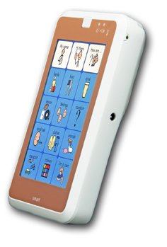 White, rectangular pocket-sized device with headphone jack on right edge and square tile icons in blue and white on screen.