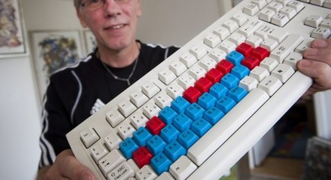 A standard 110 keyboard keyboard with color-coded letter keys.