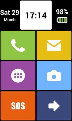 A menu screen on a smartphone with various menu icons in high-contrast, easy-to-see interface. The time, date, and battery life are also displayed at the top.