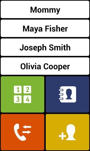 A menu screen on a smartphone with five contact names and various menu icons in high-contrast, easy-to-see interface.