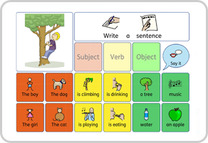 Screenshot of the symbol supported sentence builder function with two rows of six symbol options along the bottom and an image of a child climbing a tree in the upper left.