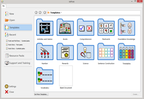 Screenshot showing three rows of folders of ready-made templates on the right and menu options on the left.